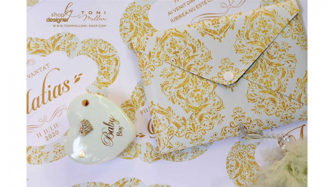 Trusou de botez de lux cu gold si verde menta si motive baroc Luxury 25